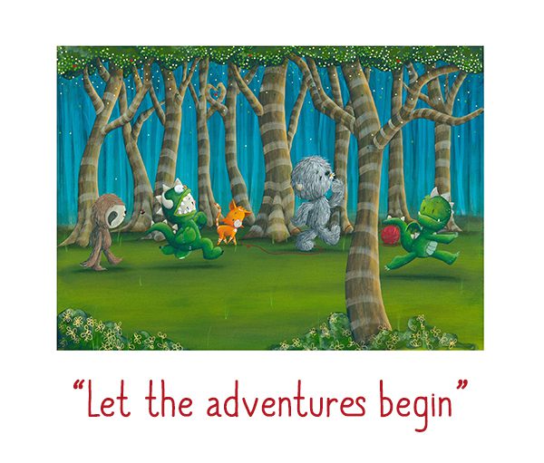 Children in monster costumes frolic joyfully in a whimsical forest of tall, striped trees with heart-shaped branches, capturing the essence of Fabio Napoleoni art. A small fox joins them, adding magic to the scene. Below it reads Let the Adventures Begin, echoing the product name.