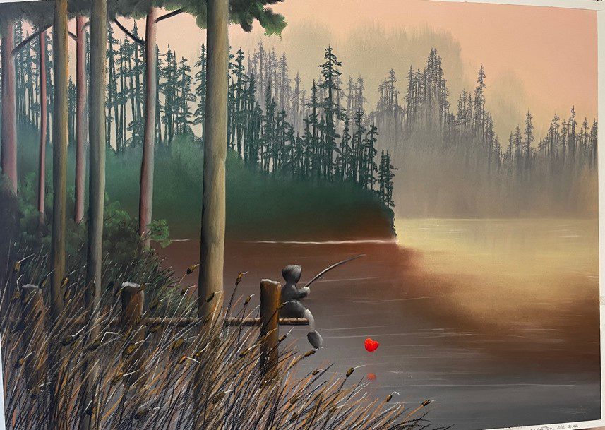 A serene forest scene in Little Boy Fishing captures tranquil Mackenzie Thorpe art. A boy fishes at a dock with a red heart bobber, illuminated by soft Marcus Ashley Gallery-like lighting in a misty atmosphere.