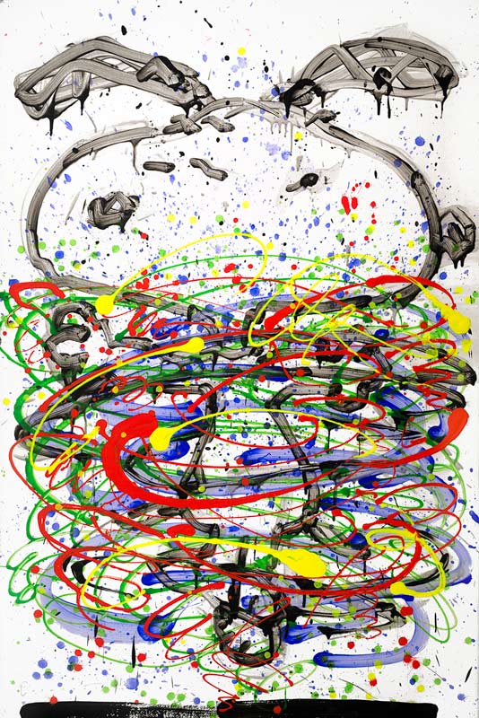 The abstract painting Little Fancy Blue showcases splattered colors such as red, blue, green, and yellow in chaotic swirls reminiscent of pop art. Black strokes outline a stylized face with expressive eyes atop. The predominantly white background enhances the vibrant contrast.
