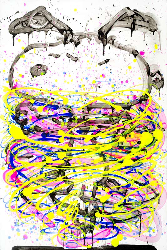 Vibrant abstract painting featuring swirls of yellow, blue, and Little Fancy Pink on white. Reminiscent of Tom Everharts style, black drips form eye shapes above dynamic splatters and strokes that enhance the energetic composition.