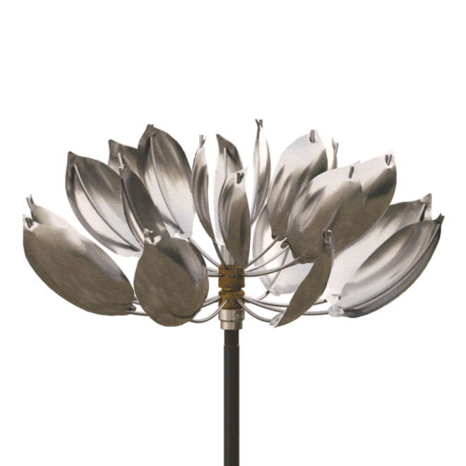 Animated spinning lotus stainless steel sculpture by Lyman Whitaker, for sale at Marcus Ashley Gallery.
