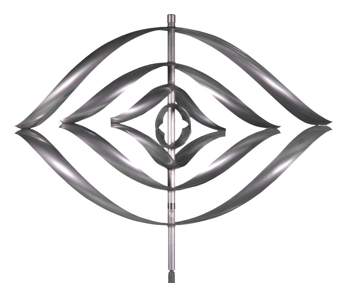 The Mirinda IV - Stainless Steel is a metallic wind sculpture with layered, curved blades forming an eye-like design around a central axis. Captured against a white backdrop, this exquisite piece by Lyman Whitaker is showcased at the Marcus Ashley Gallery.