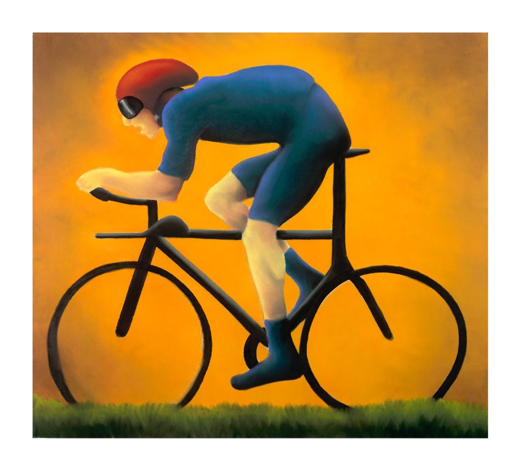 The painting Over Hill and Dale, inspired by Mackenzie Thorpe, features a cyclist in a vivid red helmet and blue outfit against a bright yellow-orange background. Its surreal style captures the dynamic essence of cycling art, ideal for a giclée on paper print.