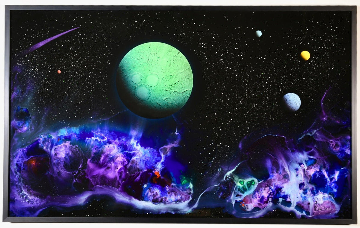 A Magic Box masterpiece reveals a cosmic scene with a large green cratered planet, surrounded by smaller celestial bodies amidst star-filled space. Ethereal purple and blue nebulae enshroud them, enhancing the depth and mystery.