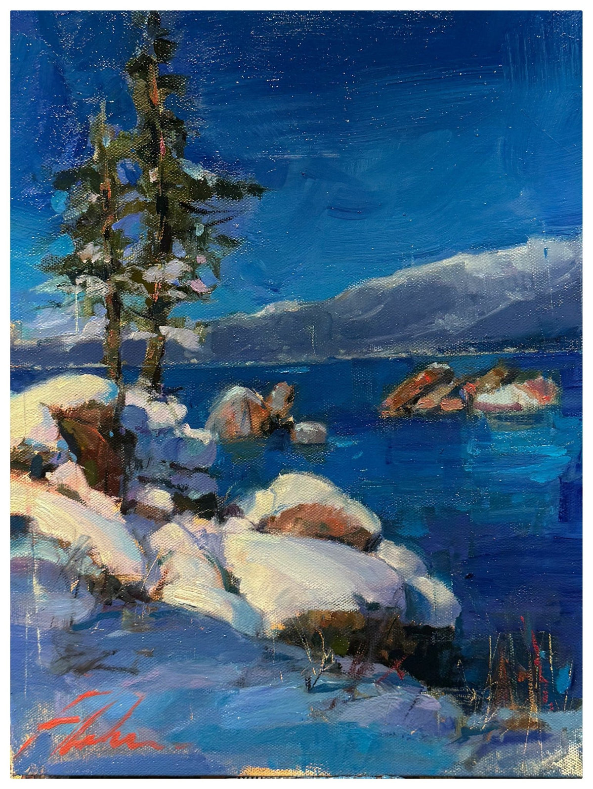 The original oil painting Majestic depicts a vibrant winter landscape at Lake Tahoe, showcasing snow-covered rocks and pine trees alongside sparkling blue water under a deep blue sky. Fluffy clouds on the horizon enhance the serene atmosphere reminiscent of Michael Flohrs style.