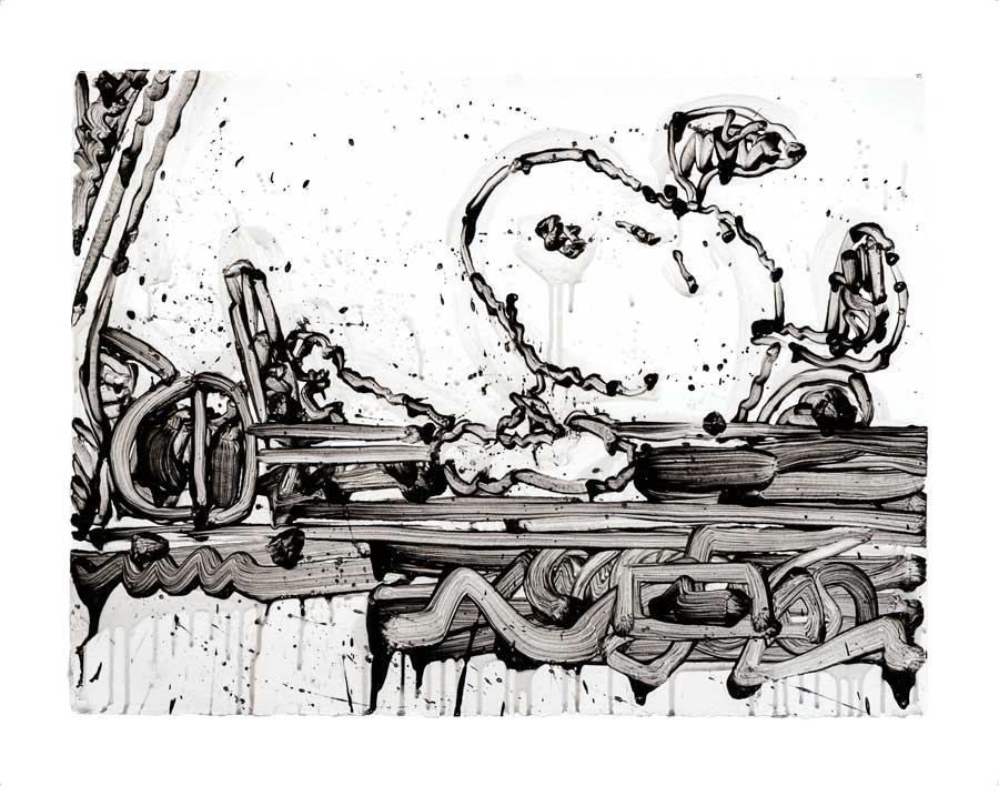 Maxi Taxi is an abstract black and white painting in the style of Tom Everhart, with thick brushstrokes forming a still life of an apple and geometric shapes on a textured surface, splattered with drips—a bold piece of contemporary art.