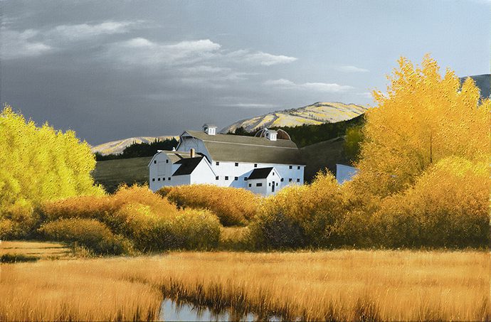 McPolin September, a painting reminiscent of Alexander Volkov, features a white barn with a rounded roof nestled among golden autumn trees and Cadmium Yellow fields. Mountains loom under a gray sky, with a reflective pond enhancing this serene rural American landscape.