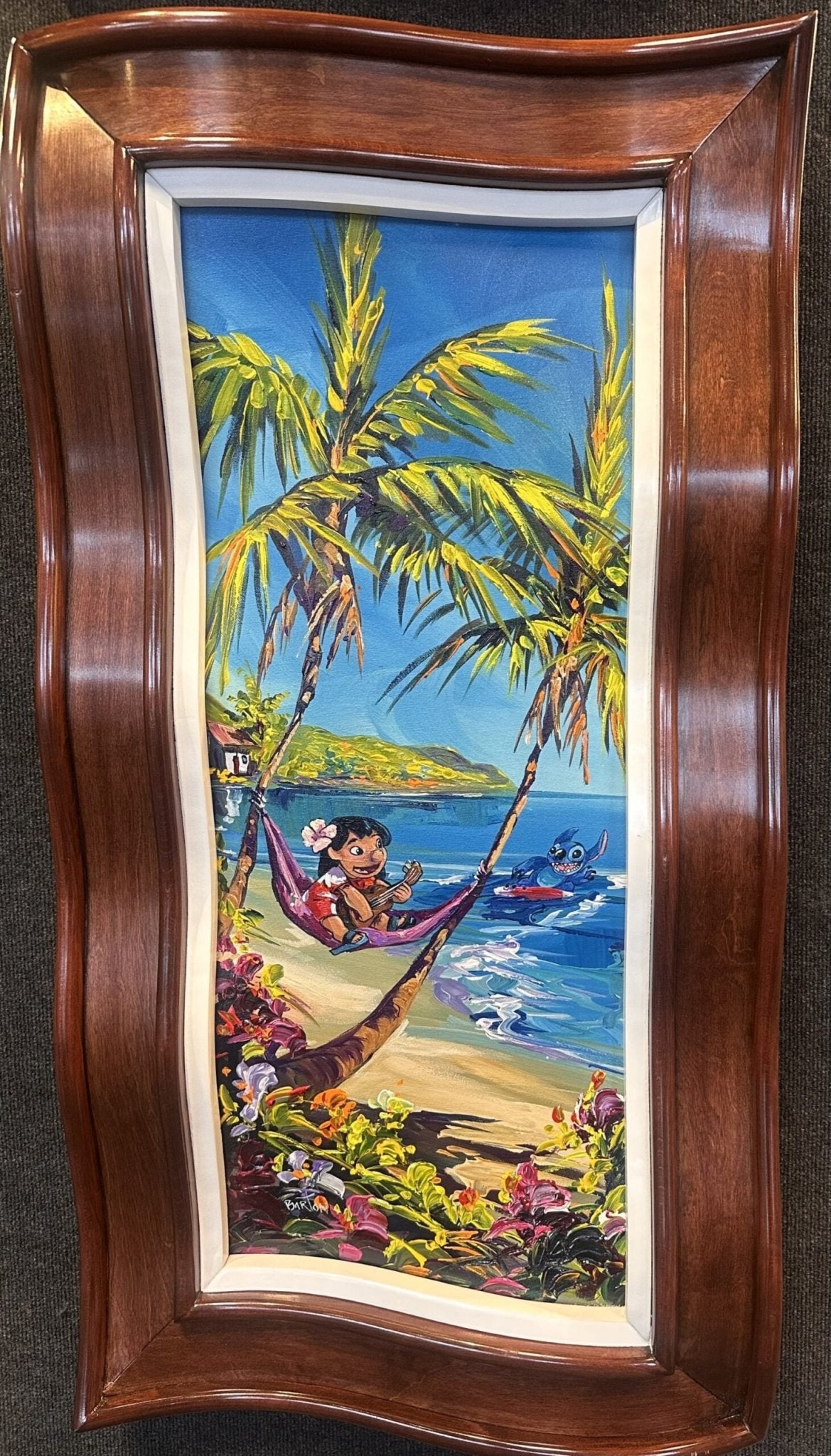 Melodies by the Shore is a colorful Steve Barton painting in a wavy frame, featuring cartoon characters on an island—one relaxing in a hammock, another surfing—surrounded by tropical flowers.