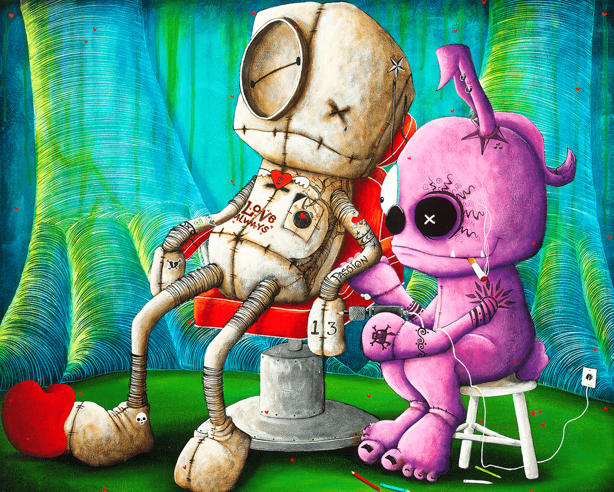 Memories Inked Onto My Canvas features a whimsical Fabio Napoleoni-style painting with two plush humanoid creatures: a brown one on a chair with sewn details and a pink one with rabbit ears on a stool, both flaunting X-shaped eyes in vibrant emotional storytelling.