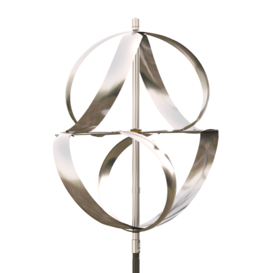 Animated gif of the spherical spinning stainless steel sculpture Meridian by Lyman Whitaker.
