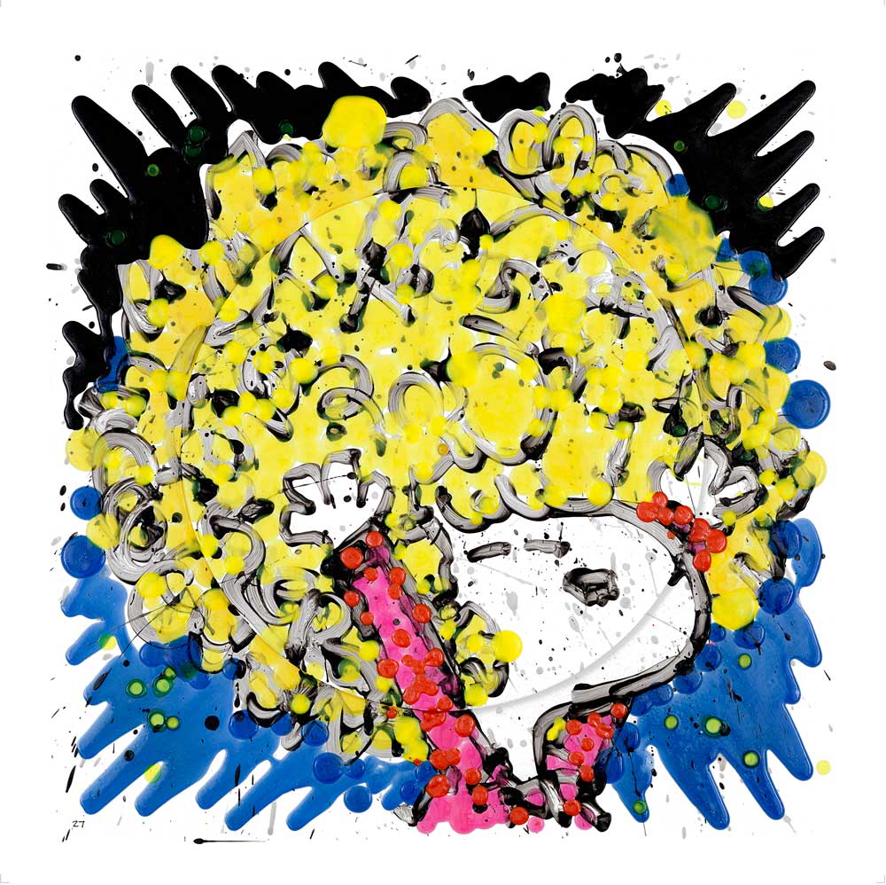 The pop art piece Mirror Mirror On The Wall, Whos The Top Dog Of Them All? features a person with curly yellow hair against a splattered blue and black backdrop. A raised arm in a pink polka-dotted sleeve adds vibrant expression, reminiscent of Tom Everharts style.