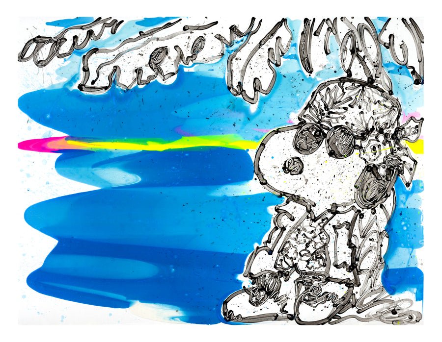 A black and white drawing of Snoopy wearing sunglasses and relaxing under palm leaves, set against a vibrant blue background with a yellow and pink streak, characterizes Mister Downtown.