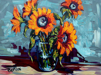 Morning Sunshine features five sunflowers with vibrant orange petals and dark centers in a clear glass vase against a blue-gray abstract background, with the artists signature in the lower left corner.