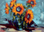 Morning Sunshine features five sunflowers with vibrant orange petals and dark centers in a clear glass vase against a blue-gray abstract background, with the artists signature in the lower left corner.