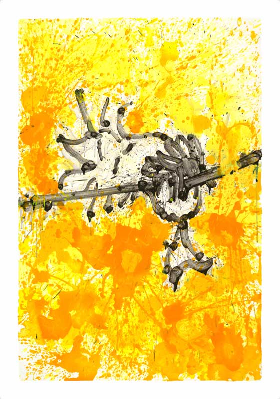 Mr. Big Stuff Dreams: A contemporary abstract painting with bold yellow and orange splashes, black and gray brushstrokes creating dynamic shapes on a vibrant, textured background.