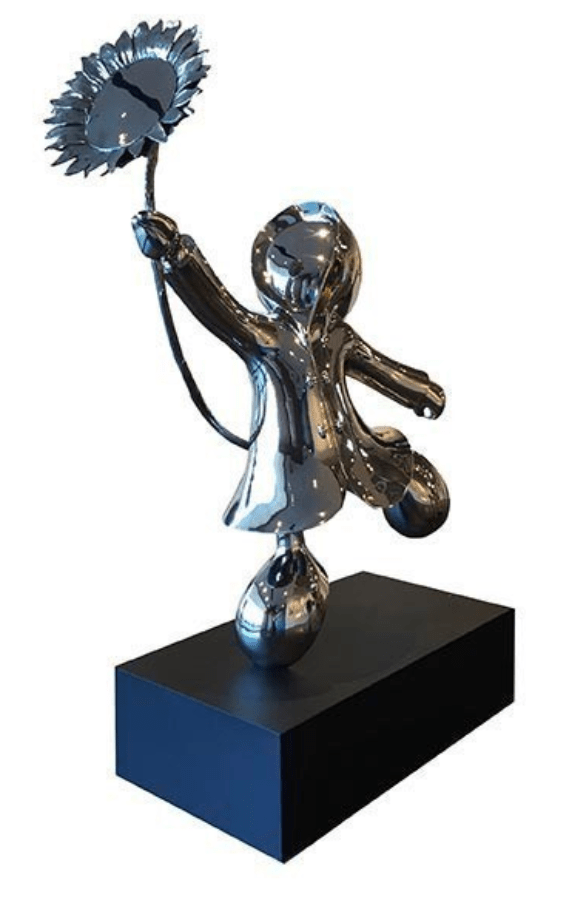My Sunshine-Stainless by Mackenzie Thorpe is a shiny, silver sculpture of a joyful figure in a raincoat holding a large sunflower. Crafted from stainless steel, this limited edition piece stands proudly on a black rectangular base.