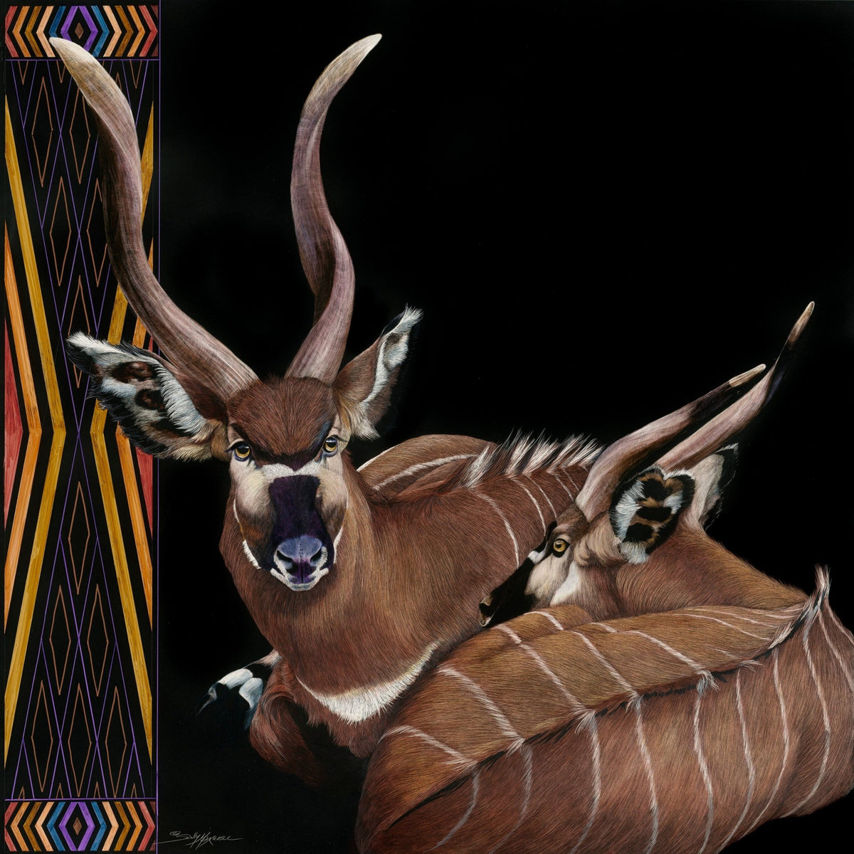 My What A Lovely Pair Of Bongos features two bongo antelopes with long, spiraled horns on a black background; one antelope faces forward while the other is turned sideways in scratchboard art style, complemented by an Art Deco-inspired geometric pattern on the left.