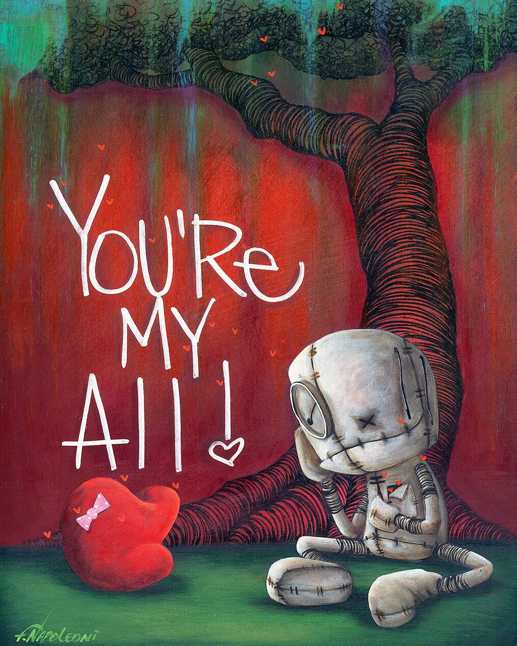 A stitched gray stuffed doll with a sad face sits under a whimsical tree, echoing Fabio Napoleoni’s style. A patched red heart lies nearby, and YOURE MY ALL! appears in bold white letters—celebrating love in My Treasure.