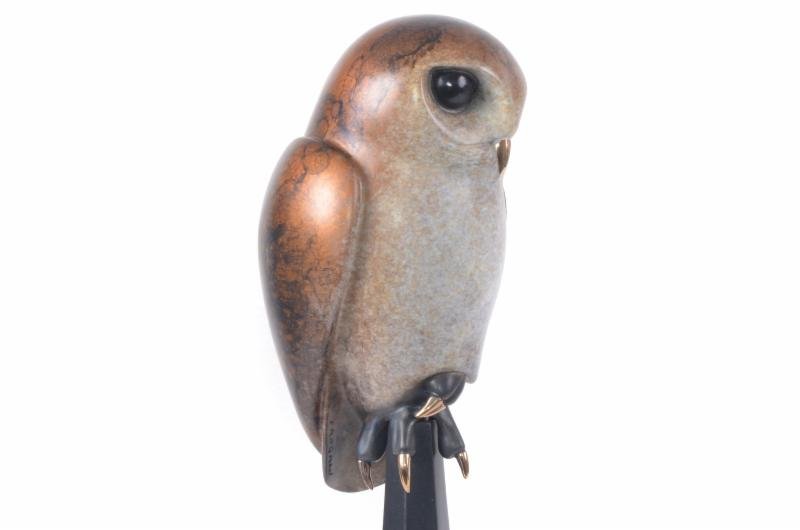Napoleon is a smooth, bronze owl statue with large black eyes perched on a black stand, reminiscent of Frogman art, displayed against a plain white background.