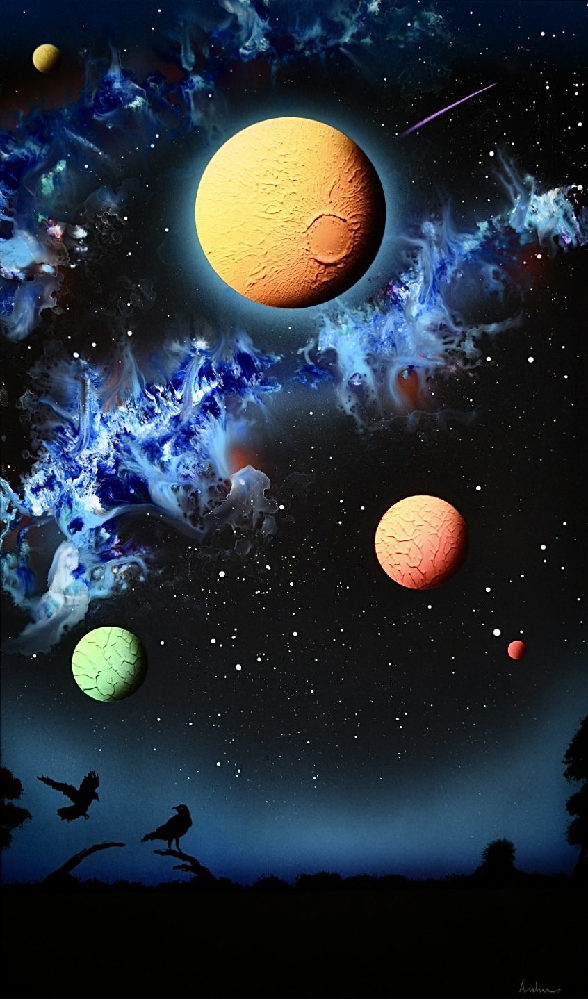 Midnight Wings features a surreal night sky with four colorful, textured planets, swirling blue nebula clouds, a shooting star, silhouetted trees, and two perched birds, all radiating a cosmic deep-space airbrush vibe.