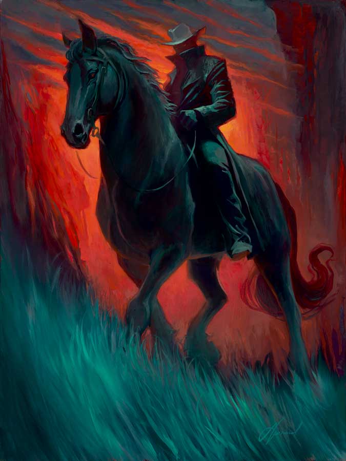 A figure in a dark cloak on horseback rides through tall grass under a fiery sky, capturing the dramatic and moody essence typical of Gabe Leonards No More Half Measures.