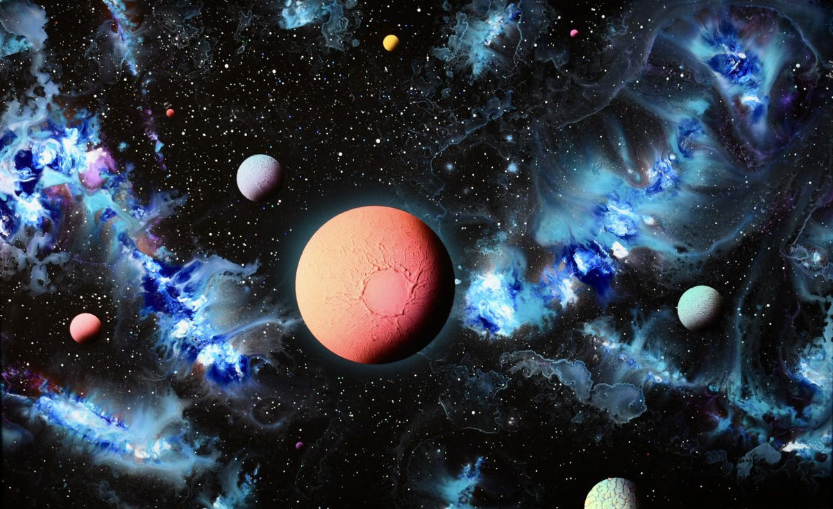 The Obsessed design showcases a surreal space scene with vibrant planets, highlighting a prominent pink planet in the forefront. Surrounding it are swirling blue and white nebulae, all set against a starry black backdrop.