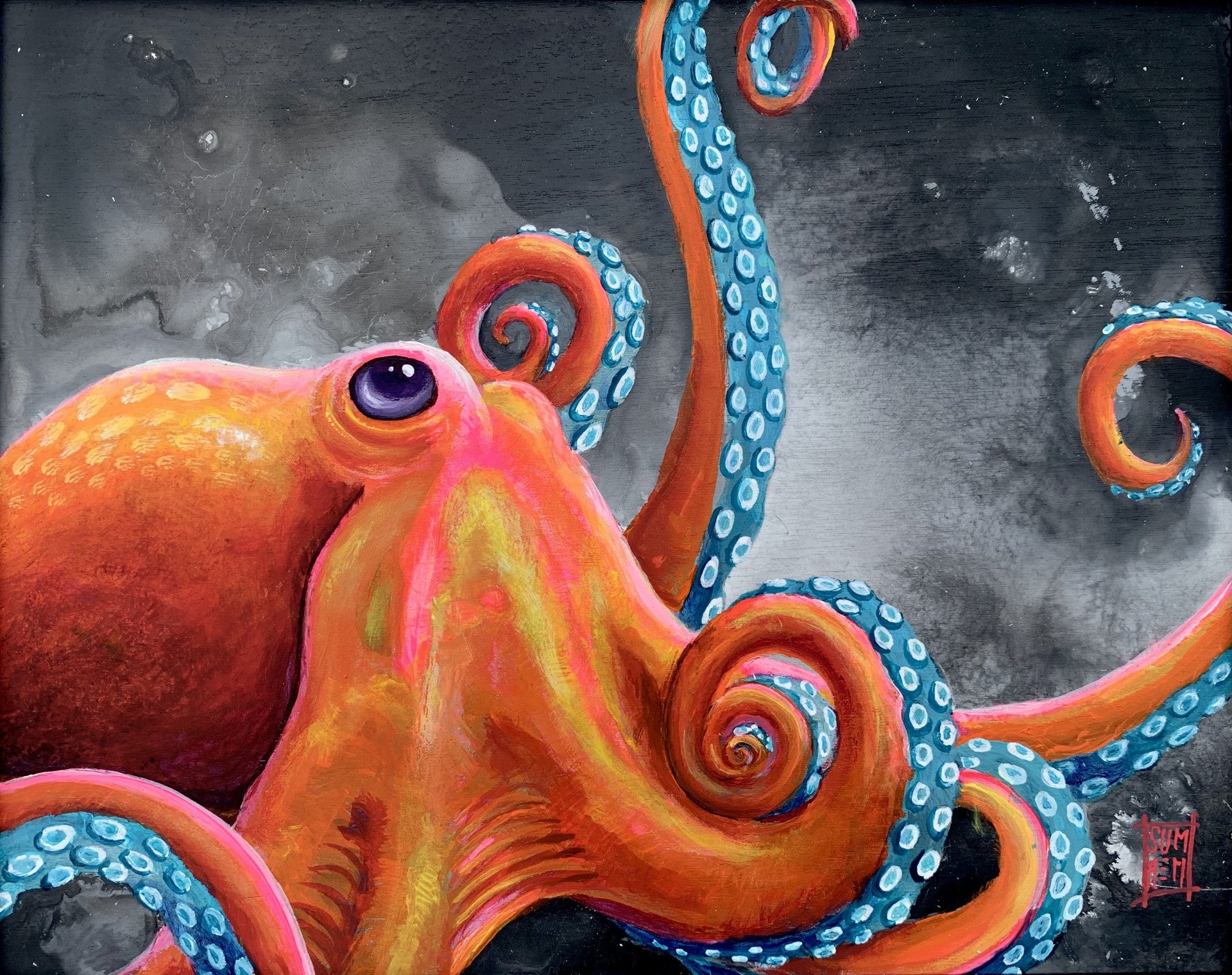 The product, Octopop, is a vibrantly colored octopus with glowing orange and pink hues and bright blue-ringed tentacles against a swirling dark gray backdrop, reminiscent of Michael Summers dynamic style in Luminance II. Its round eye gazes forward as tentacles curl around its body.