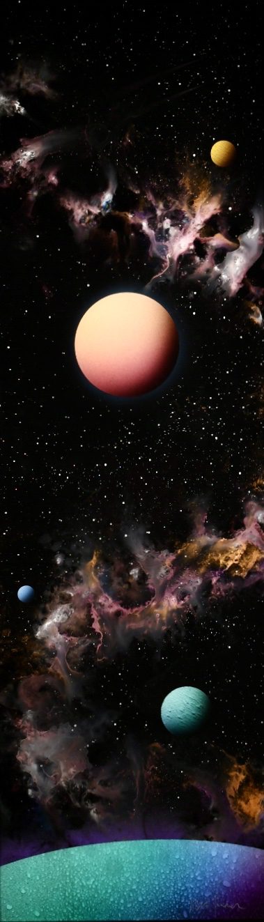 Off the Grid features a vibrant, artistic portrayal of space with four distinctively colored and sized planets against a starry backdrop. Cosmic clouds and swirling nebulae surround the planets, enhancing this otherworldly scene.