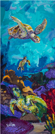 The Honu Family artwork depicts vibrant sea turtles, including baby ones, swimming underwater amid blue and purple corals. Reminiscent of a Steve Barton piece, the painting captures movement and tranquility with its colorful portrayal.
