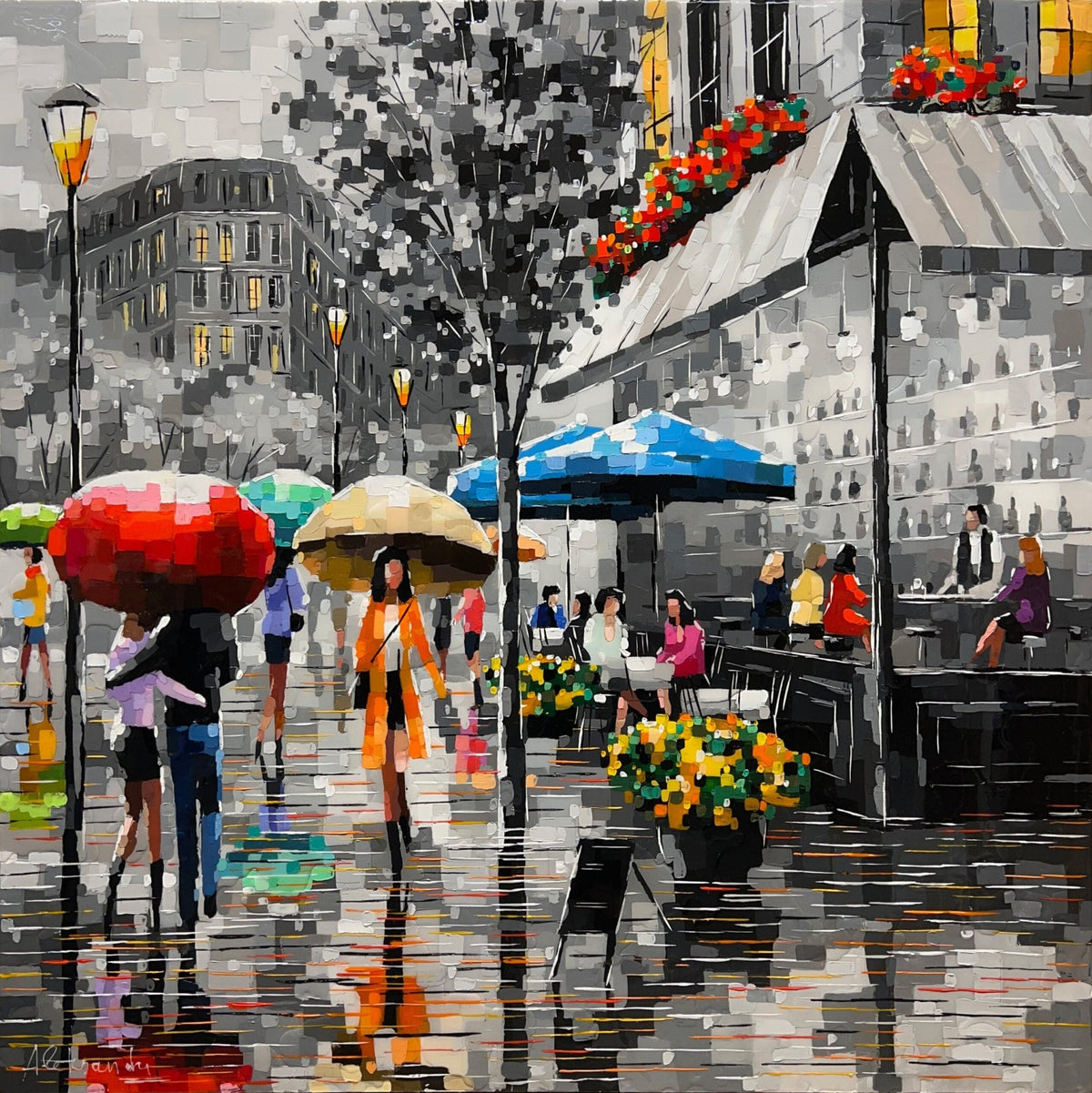 The colorful mixed-media art Out on the Town captures a vibrant rainy street scene with people strolling by a cafe. Bright flowers and red awnings contrast against the gray city, while reflections shimmer on wet pavement in true Aleksandra Rozenvain style.