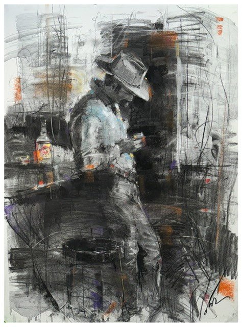 Abstract painting titled Outlaw depicts a lone cowboy in hat and coat, gazing downward. A vibrant backdrop includes a red and yellow can, embodying the Western archetype. Expressive brushstrokes blend dark and light hues to create a vivid scene.