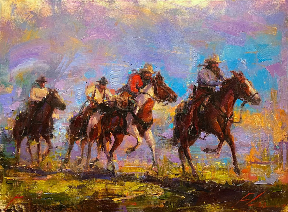 The painting Outlaws portrays four cowboys energetically riding horseback across a sunlit landscape. Dynamic brushstrokes and an impressionistic style add vibrancy and movement to the scene.