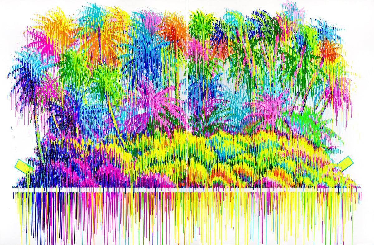 The digital artwork Paper Doll captures a tropical paradise with neon pink, green, blue, and yellow hues in dense clusters of palm trees. Its modern style reflects Tom Everharts influence, with abstract trunks and leaves extending downwards.