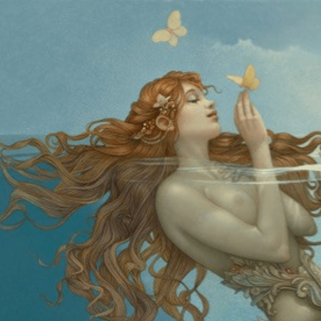 The New Release ~ Lazy Summer features a serene figure with flowing hair, reminiscent of a Michael Parkes painting. Partially submerged in water, she gently holds a butterfly while others flutter around against a blue backdrop. Adorned with florals, she embodies the essence of magical realism.