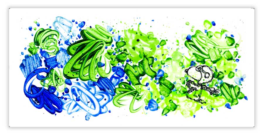 Partly Cloudy 6:15 Morning Fly features vibrant blue and green splashes and brushstrokes reminiscent of Tom Everharts whimsical art. A small doodle-like figure on the right playfully nods to Snoopy, adding contrast to the dynamic movement of colors on the predominantly white background.