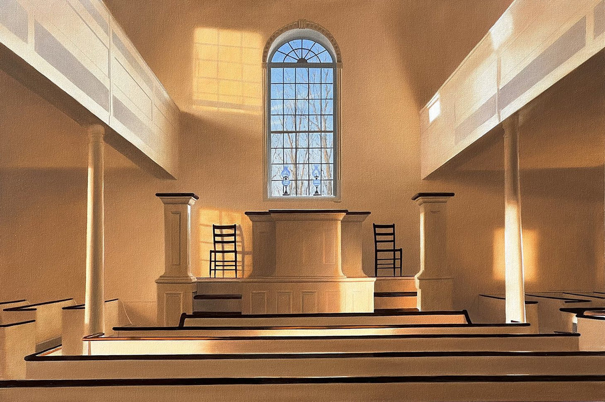 The sunlit interior of an empty church with wooden pews and two chairs flanking a central pulpit under an arched window is reminiscent of Passage of Light by Alexander Volkov, casting soft light onto the walls and creating a warm, tranquil atmosphere.