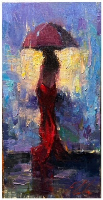 The impressionistic painting Passionate Rain by Michael Flohr features a figure in a red dress with a matching umbrella, amidst vibrant blues and purples. The scene evokes an enigmatic romance against an abstract backdrop of wet streets.