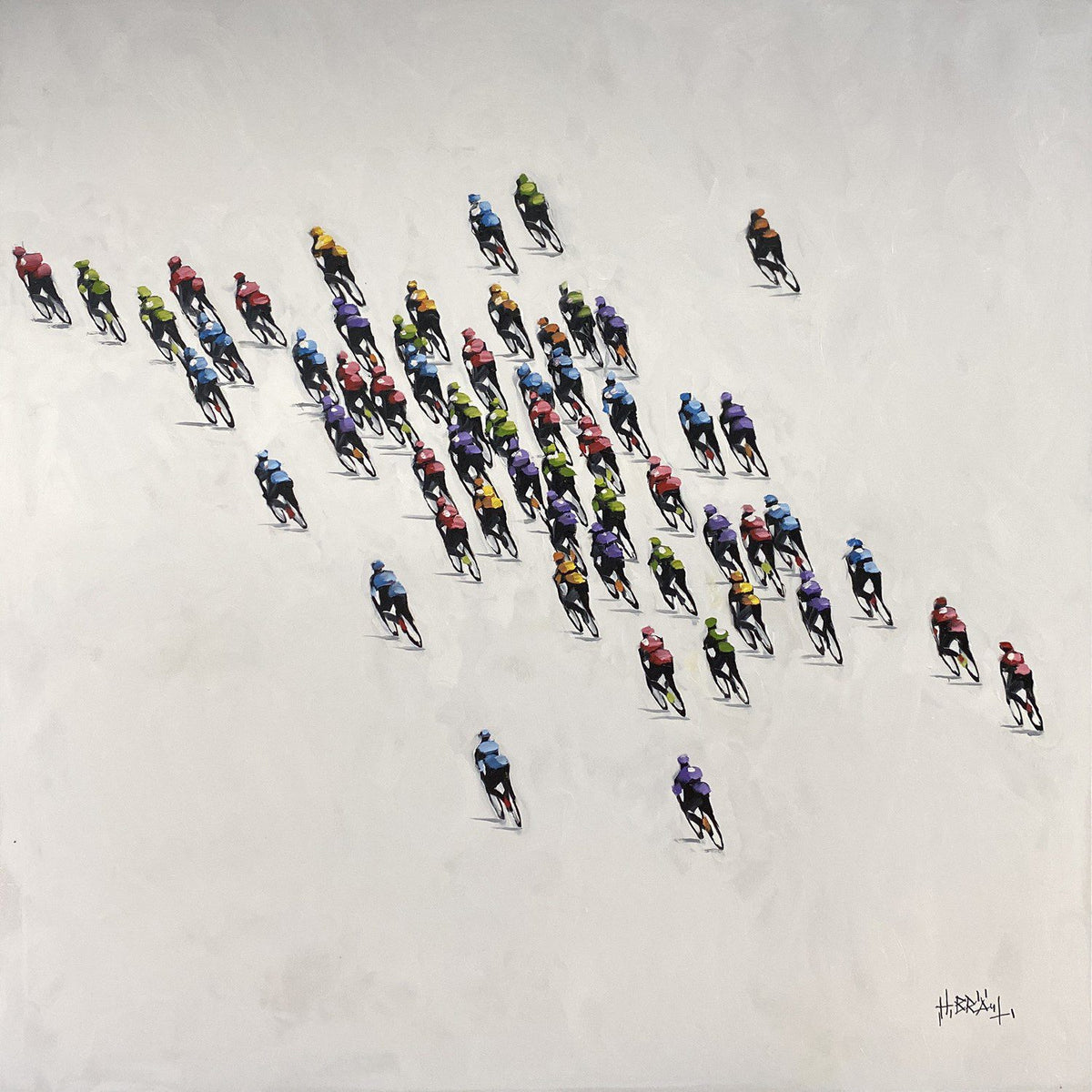 An aerial view of the Peloton series - 191534 by Harold Braul features cyclists in vibrant outfits on a light grey surface, capturing dynamic patterns as they move together.