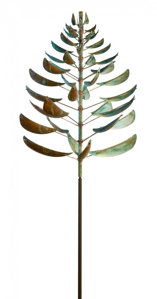 The Ponderosa is a vertical sculpture inspired by the serene beauty of Sierra Nevada, resembling a stylized plant with a slender stem. It has curved, metallic leaves in symmetrical pairs that spiral, finished with a patina for a weathered greenish-brown appearance.
