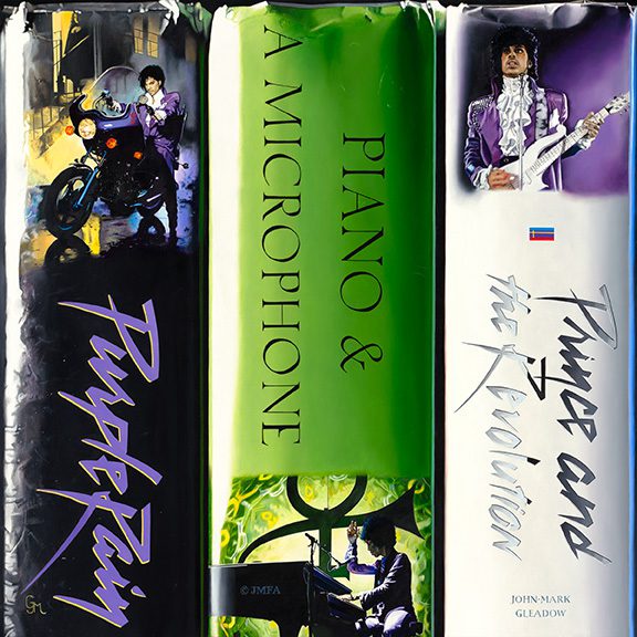Three vibrant spined books include John-Mark Gleadows Purple Rain with a motorcycle, Piano & A Microphone, and the Prince and the Revolution featuring Prince in a distinctive purple outfit.