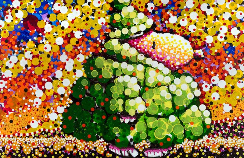 The Puff Doggy Dog is a colorful abstract painting reminiscent of contemporary pop art, showcasing vibrant green circles forming a dinosaur against a dotted backdrop in shades of orange, red, yellow, and white.