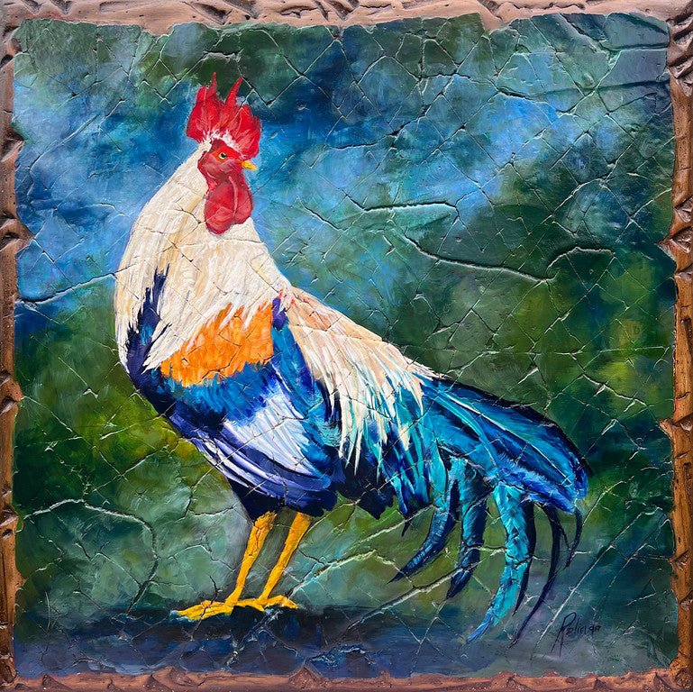 Beauregard is a vibrant portrait of a rooster with a red comb, white and orange body, and blue tail feathers on a textured green and blue background, framed by a brown border in original mixed media.