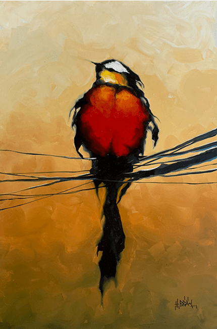 Red Bird - 192806, in Harold Brauls signature impressionistic style, features a bird with vibrant red and black feathers perched on wires against a warm brown backdrop. The bird faces away from the viewer, accentuating its striking plumage.
