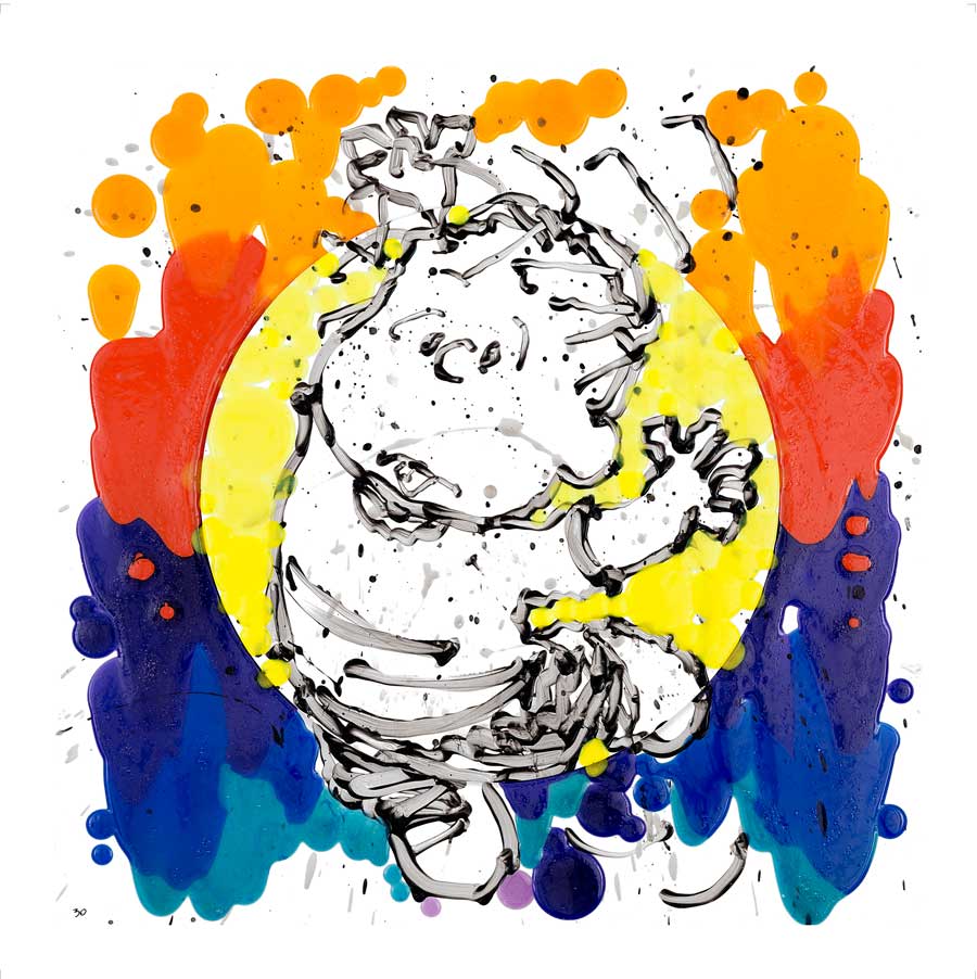 The Rocco and Roll artwork features a childlike figure with a sketchy black outline, similar to Tom Everharts expressive style. The vibrant background bursts with orange, yellow, red, blue, and purple splashes, imparting dynamic movement and energy.