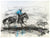 Round Em Up depicts cowboy grit as a cowboy in a blue shirt and hat rides a galloping horse, pursuing a running cow. The blurred gray and black brushstrokes enhance the sense of speed, embodying the spirit of rodeo action.