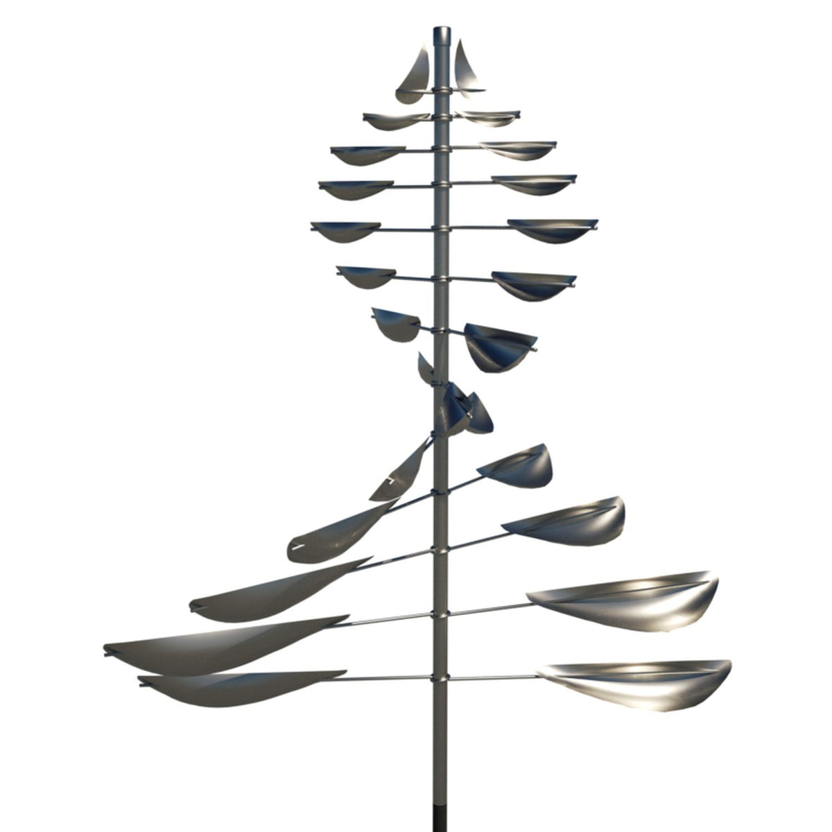 Explore the captivating Sail - Stainless Steel wind sculpture by Lyman Whitaker at Marcus Ashley Gallery. This metallic marvel features curved blades on a vertical pole that reflect light, creating intricate patterns against a plain backdrop.