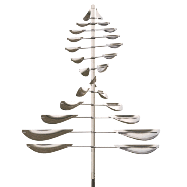 Animated gif of the stainless steel version of the Sail sculpture spinning, by artist Lyman Whitaker.