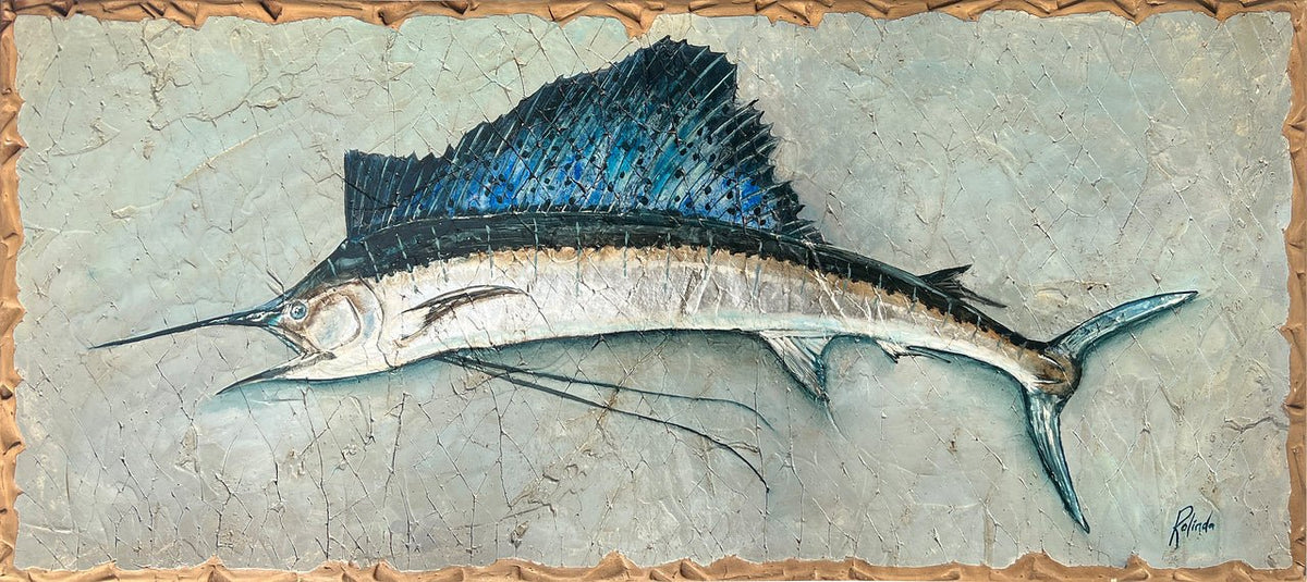 A detailed painting titled Sailing in Silver showcases a sailfish with a striking blue dorsal fin swimming horizontally using the Bella Rotta technique. It features a textured sea-green background framed by a rough, beige border, reminiscent of Rolinda Stotts’ style.