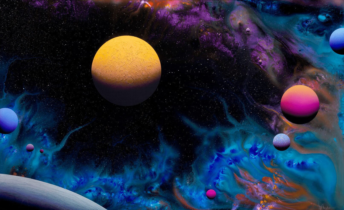 Lunam Moonlight: Vivid digital art of a surreal cosmic scene with a large yellow celestial body and vibrant planets glowing amid a swirling blue-purple nebula sprinkled with stars.