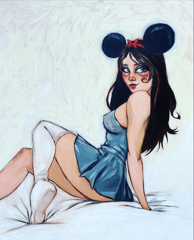 Todd Whites stylized painting, My Mouseketeer, portrays a woman with pop culture-inspired features: long dark hair, large black round ears, a small red bow, and a strapless blue dress paired with white thigh-high socks, all contributing to her charming appearance.